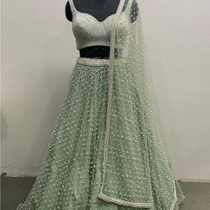 Vvani by Vani Vats Powder Mint Elegant Lehenga with Pearl Detailing